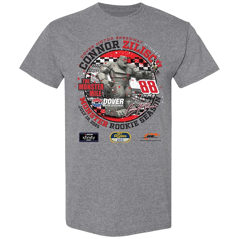 T-shirt à damier pour homme, gris chiné, Connor Zilisch, vainqueur de la course NASCAR Xfinity Series BetRivers 200 2025