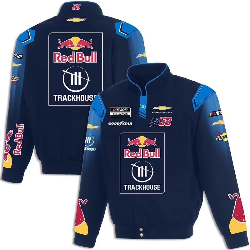 Veste de course en sergé bleu marine Connor Zilisch 2026 Trackhouse Red Bull pour homme, modèle JH Design, à boutons-pression.