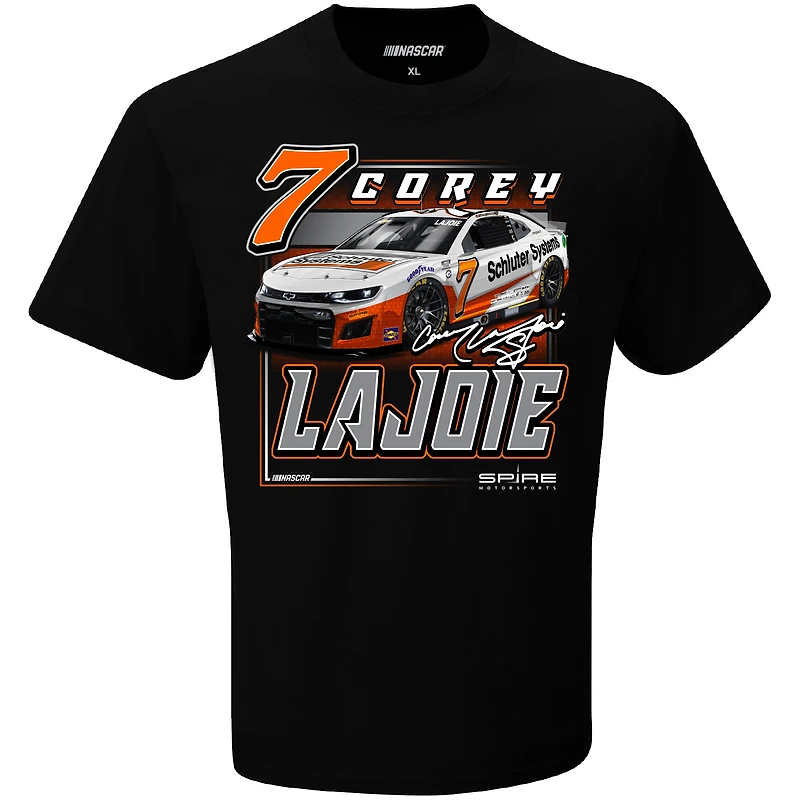 Men's Checkered Flag Black Corey LaJoie Schluter Systems Car T-Shirt