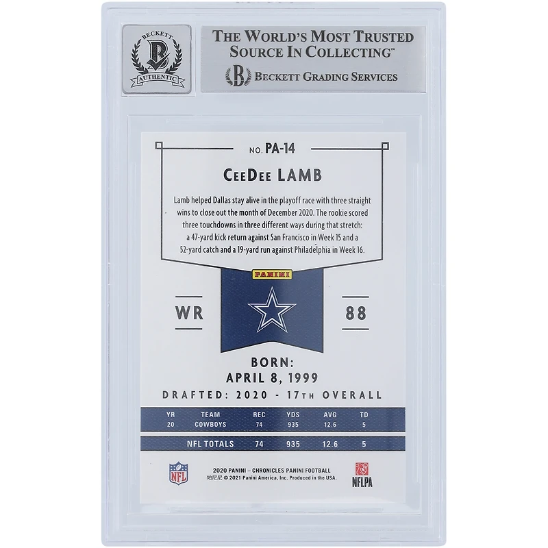 CeeDee Lamb Dallas Cowboys Autographed 2020 Panini #PA-14 Beckett Fanatics Witnessed Authenticated 9/10 Rookie Card