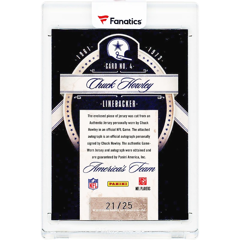 Chuck Howley Dallas Cowboys Autographed 2010 Panini Limited America's Team Threads Relic #4 #21/25 Card