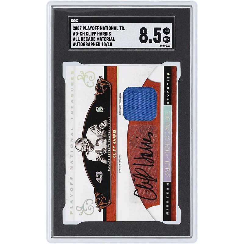 Carte authentifiée SGC 8.5 avec le maillot relic des Dallas Cowboys, signé par Cliff Harris, séries éliminatoires de 2007 (National Treasures All Decade Material Jersey Relic) #AD-CH #10/10