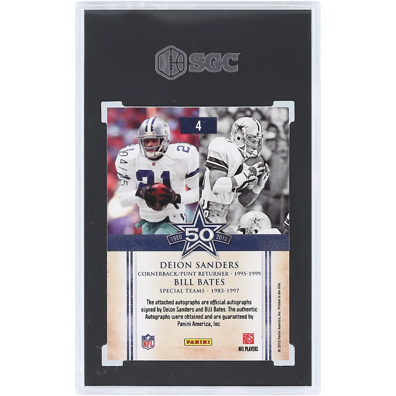 Deion Sanders & Bill Bates Dallas Cowboys Autographed 2010 Panini Classics Cowboys 50th Anniversary Dual #4 #4/15 SGC Authenticated 8.5/10 Card