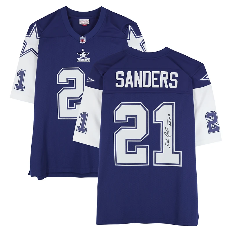 Maillot Mitchell & Ness Legacy 1995 bleu marine dédicacé par Deion Sanders des Cowboys de Dallas avec inscription « HOF 2011 »