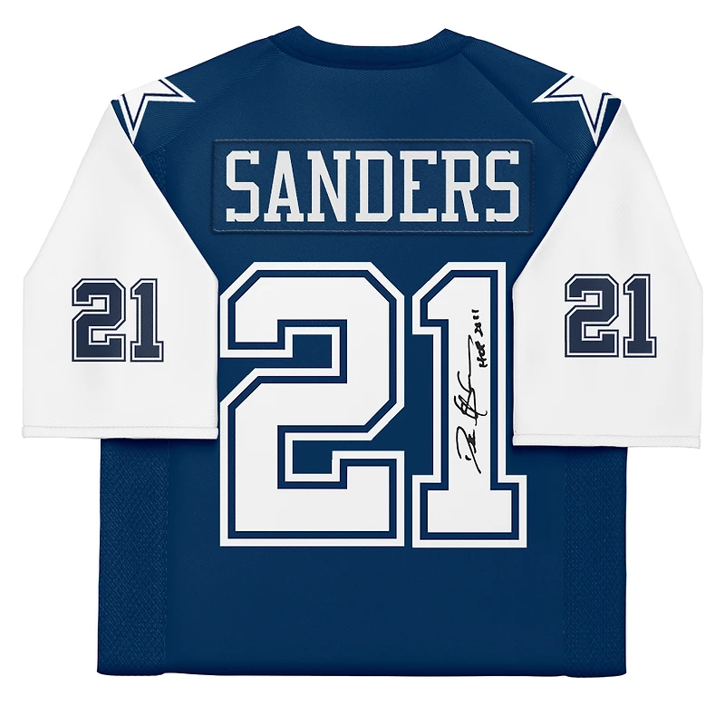 Maillot Mitchell & Ness Legacy 1995 bleu marine dédicacé par Deion Sanders des Cowboys de Dallas avec inscription « HOF 2011 »