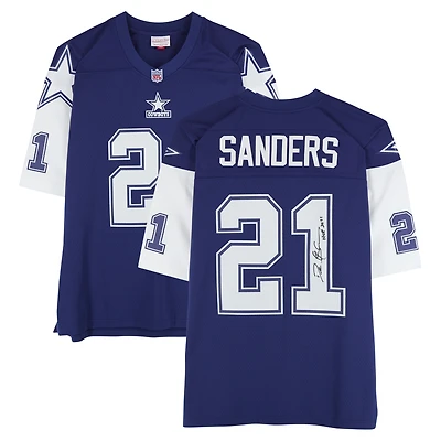 Maillot Mitchell & Ness Legacy 1995 bleu marine dédicacé par Deion Sanders des Cowboys de Dallas avec inscription « HOF 2011 »