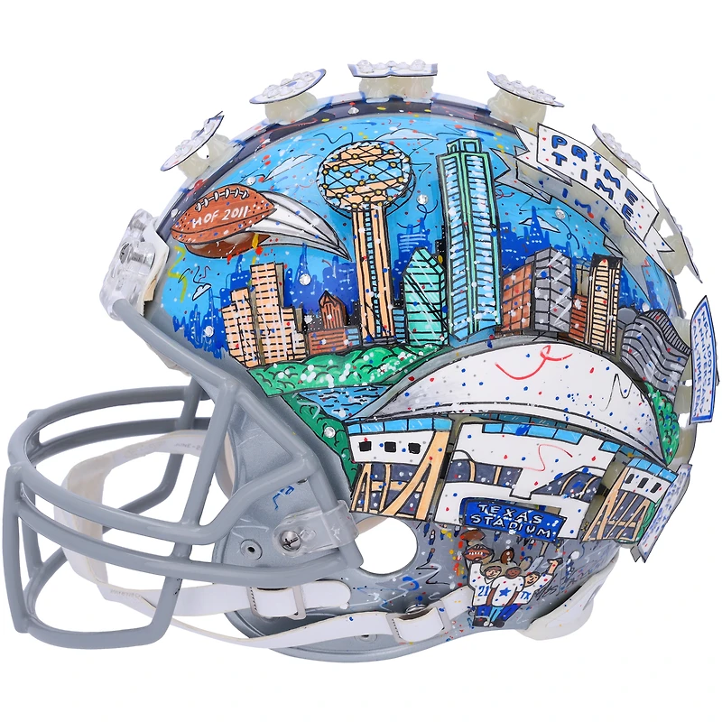 Deion Sanders Dallas Cowboys Autographed Riddell VSR4 Authentic Helmet with "HOF 2011" Inscription - Art by Charles Fazzino - RG13320877