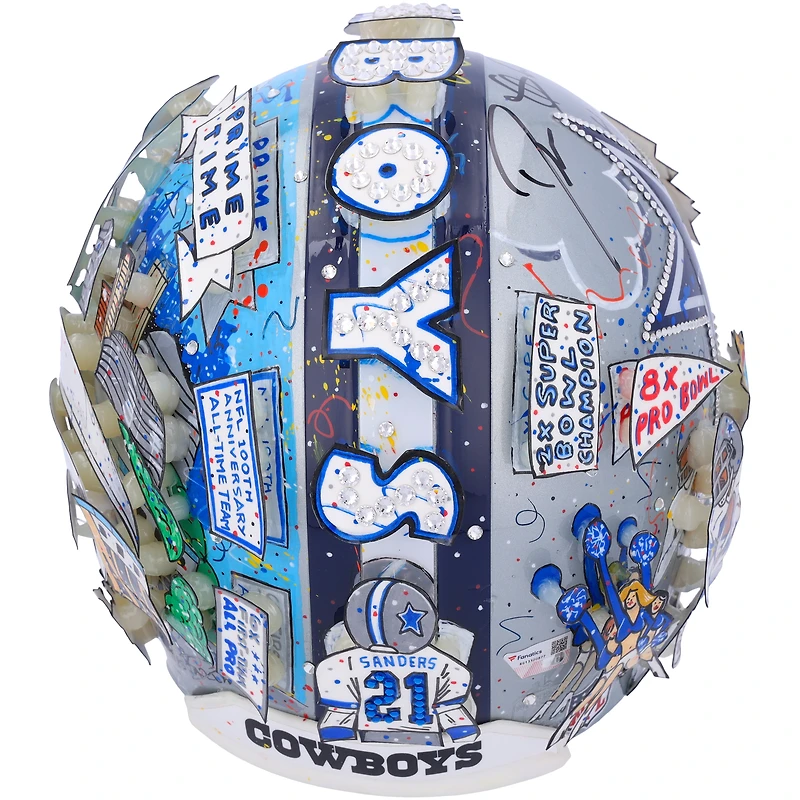 Deion Sanders Dallas Cowboys Autographed Riddell VSR4 Authentic Helmet with "HOF 2011" Inscription - Art by Charles Fazzino - RG13320877