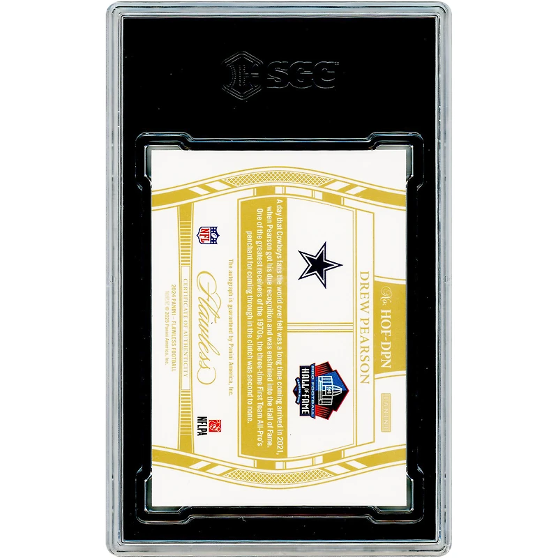 Carte autographiée par Drew Pearson (Dallas Cowboys), Panini Flawless Hall of Fame Emerald 2024, n° HOF-DPN n° 2/5, authentifiée SGC (note 9,5).