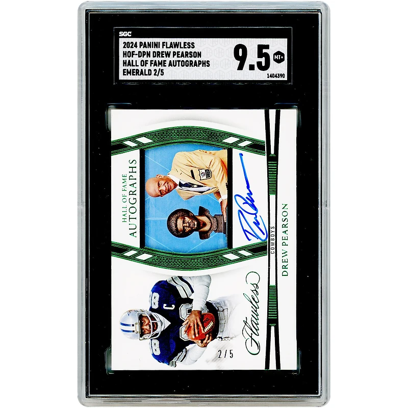 Carte autographiée par Drew Pearson (Dallas Cowboys), Panini Flawless Hall of Fame Emerald 2024, n° HOF-DPN n° 2/5, authentifiée SGC (note 9,5).