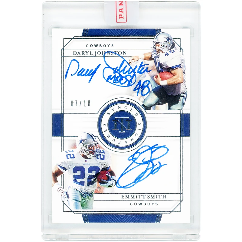Emmitt Smith & Daryl Johnston Dallas Cowboys Autographed 2019 Panini National Treasures Synced Signatures #SS-DC2 #7/10 Card