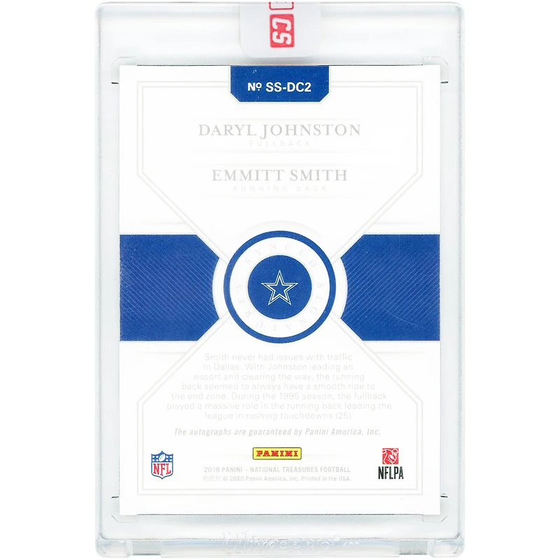 Emmitt Smith & Daryl Johnston Dallas Cowboys Autographed 2019 Panini National Treasures Synced Signatures #SS-DC2 #7/10 Card