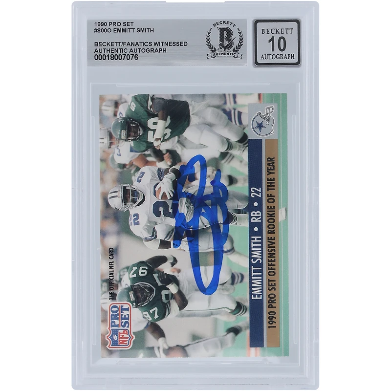 Emmitt Smith Dallas Cowboys Autographié 1990 Pro Set Offensive Rookie of the Year #800 Beckett Fanatics Witnessed Authenticed 10 Rookie Card