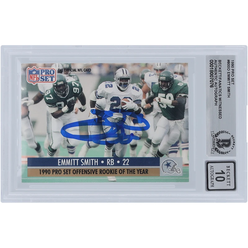 Emmitt Smith Dallas Cowboys Autographié 1990 Pro Set Offensive Rookie of the Year #800 Beckett Fanatics Witnessed Authenticed 10 Rookie Card