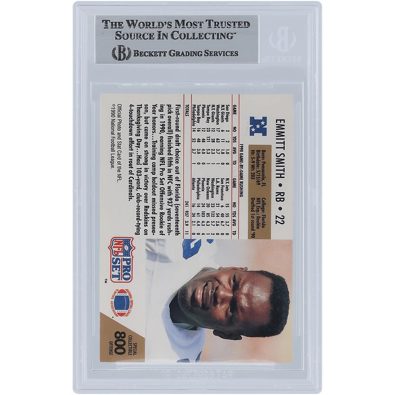 Emmitt Smith Dallas Cowboys Autographié 1990 Pro Set Offensive Rookie of the Year #800 Beckett Fanatics Witnessed Rookie Card Authentifié