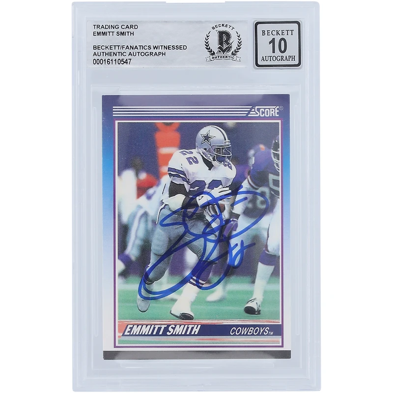Carte de recrue numéro 101 autographiée par Emmitt Smith des Dallas Cowboys, carte de score supplémentaire n° 101 de Beckett, authentifiée et témoin des fanatiques