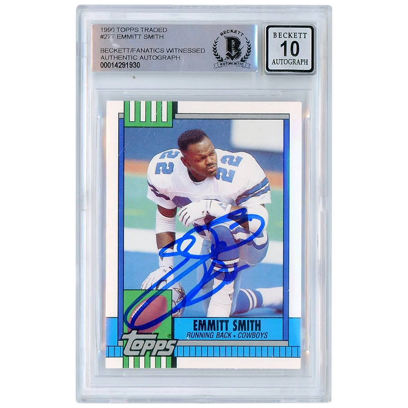 Emmitt Smith Dallas Cowboys Autographié 1990 Topps Traded #27T Beckett Fanatics Witnessed Authenticated 10 Rookie Card