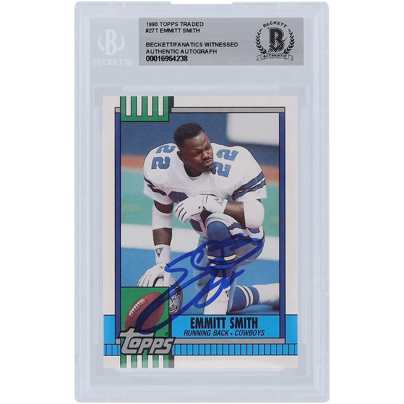 Carte de recrue authentifiée autographiée par Emmitt Smith des Dallas Cowboys, Topps Traded #27T Beckett, 1990