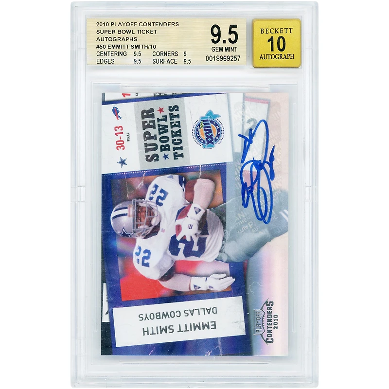 Carte autographiée par Emmitt Smith (Dallas Cowboys) - Collection Panini Playoff Contenders 2010 - Billets pour le Super Bowl n° 50 - Authentifiée BGS 9,5/10