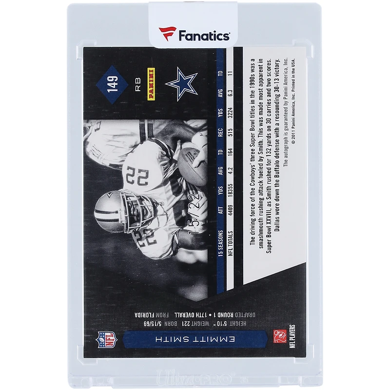 Carte autographiée Emmitt Smith des Dallas Cowboys, Panini Limited Gold 2011, n° 149, n° 15/22