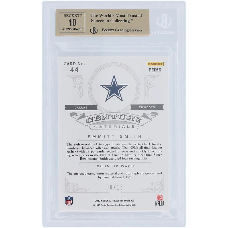 Carte Panini National Treasures 2012 autographiée par Emmitt Smith des Cowboys de Dallas, étiquette de blanchisserie usagée, relique n° 44, n° 8/15, BGS, 9,5/10, sous-catégories 9,5, 9,5, 9,5
