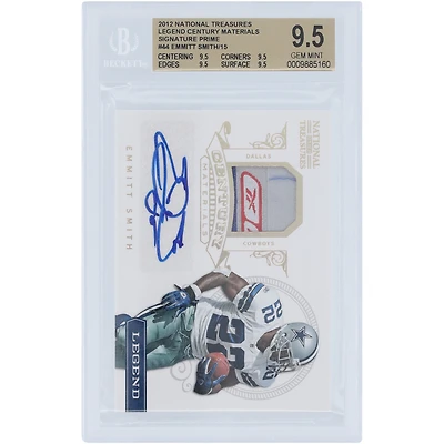 Carte Panini National Treasures 2012 autographiée par Emmitt Smith des Cowboys de Dallas, étiquette de blanchisserie usagée, relique n° 44, n° 8/15, BGS, 9,5/10, sous-catégories 9,5, 9,5, 9,5