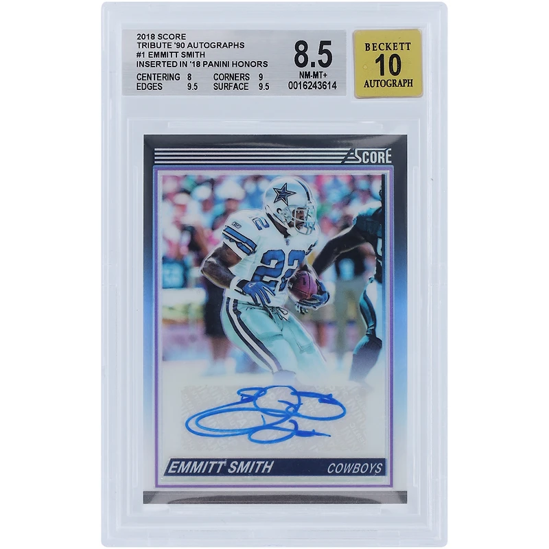 Carte Panini Score Tribute '90 autographiée par Emmitt Smith Dallas Cowboys 2018, réimpression n° 101T n° 14/25 BGS authentifiée 8,5/10 - Sous-grades 8,9,9,5,9,5