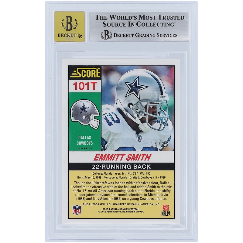 Carte Panini Score Tribute '90 autographiée par Emmitt Smith Dallas Cowboys 2018, réimpression n° 101T n° 14/25 BGS authentifiée 8,5/10 - Sous-grades 8,9,9,5,9,5