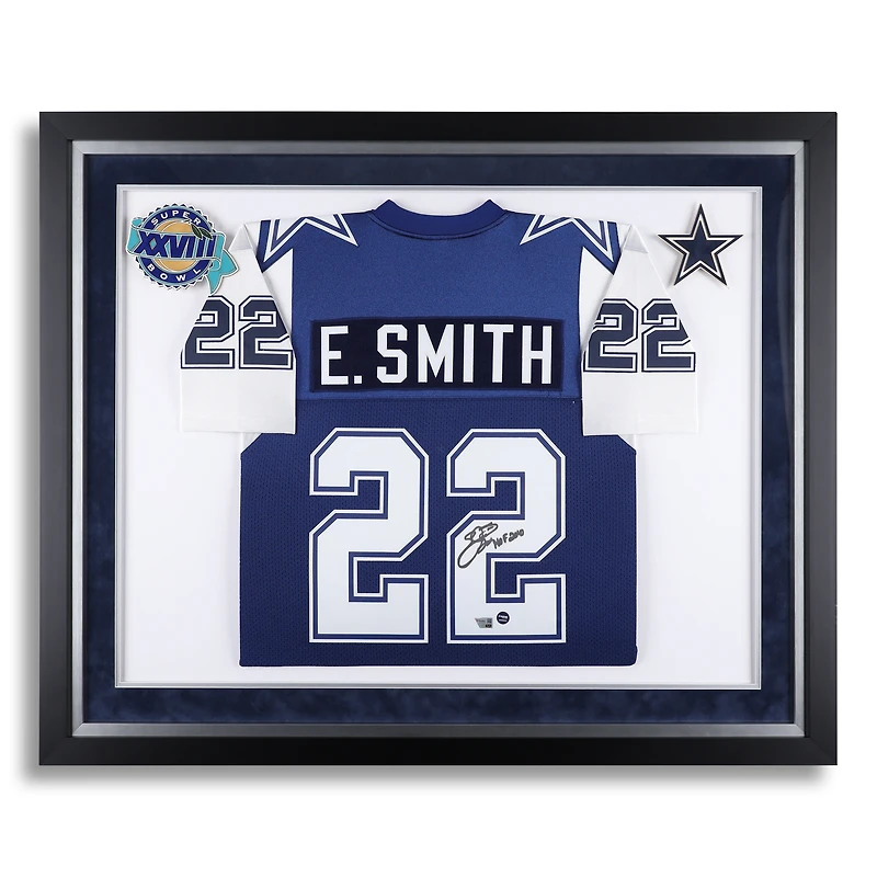 Emmitt Smith Dallas Cowboys Autographed Framed Navy Mitchell & Ness 1995 Throwback Jersey with "HOF 2010" Inscription