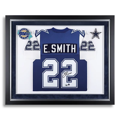 Emmitt Smith Dallas Cowboys Autographed Framed Navy Mitchell & Ness 1995 Throwback Jersey with "HOF 2010" Inscription