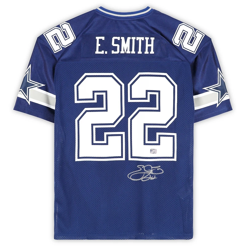 Maillot authentique Mitchell & Ness 1996 bleu marine autographié par Emmitt Smith des Cowboys de Dallas - Signature sur tissu