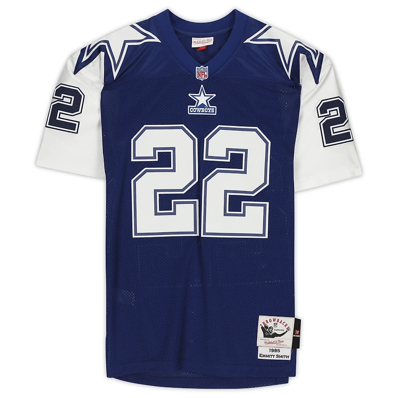 Emmitt Smith Dallas Cowboys autographié Navy Mitchell & Ness authentique 1995 Throwback Jersey avec inscription « HOF 2010 »