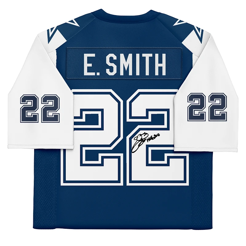Maillot rétro authentique Mitchell & Ness bleu marine des Dallas Cowboys, signé par Emmitt Smith, avec inscription « HOF 2010 ».
