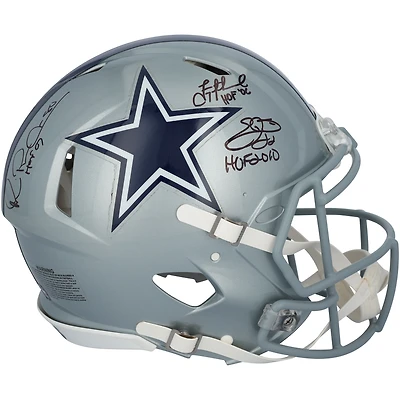 Casque Riddell Speed authentique autographié par Emmitt Smith, Michael Irvin et Troy Aikman des Cowboys de Dallas avec plusieurs inscriptions