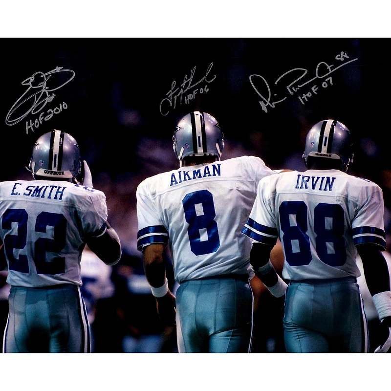 Emmitt Smith, Troy Aikman & Michael Irvin Dallas Cowboys Autographed 16" x 20" Backshot Photograph with Multiple HOF Inscriptions