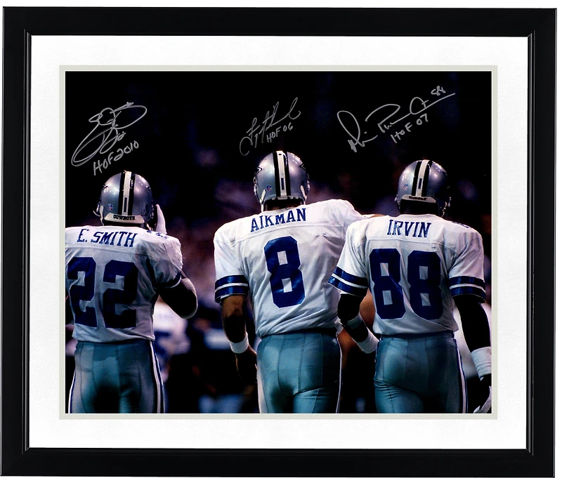 Emmitt Smith, Troy Aikman & Michael Irvin Dallas Cowboys Autographed 16" x 20" Backshot Photograph with Multiple HOF Inscriptions