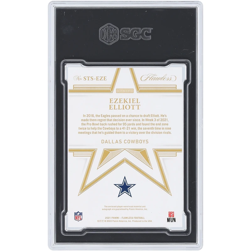 Ezekiel Elliott Dallas Cowboys Autographed 2021 Panini Flawless Sapphire Star Swatch Signatures Dual-Color Relic #STS-EZE #5/10 SGC Authenticated 8.5 Card