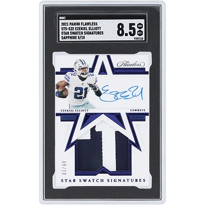 Ezekiel Elliott Dallas Cowboys Autographed 2021 Panini Flawless Sapphire Star Swatch Signatures Dual-Color Relic #STS-EZE #5/10 SGC Authenticated 8.5 Card