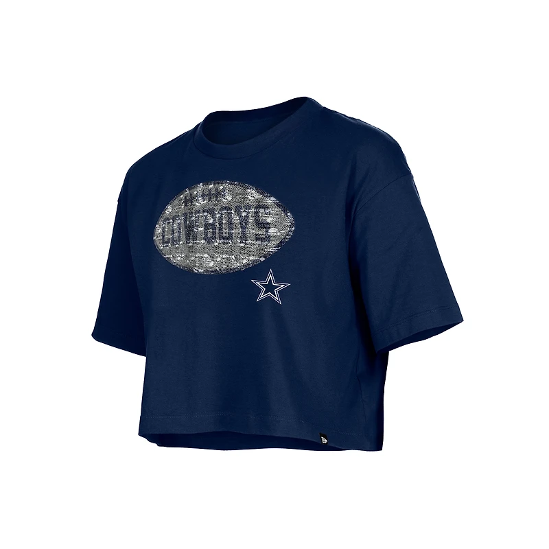 Girl's New Era Navy Dallas Cowboys Flip Sequin Boxy T-Shirt