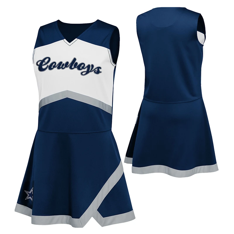 Ensemble deux pièces bleu marine Dallas Cowboys pour filles d'âge préscolaire : robe-salopette et bloomer assortis, style capitaine de cheerleading.