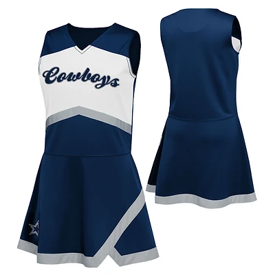Ensemble deux pièces bleu marine Dallas Cowboys pour filles d'âge préscolaire : robe-salopette et bloomer assortis, style capitaine de cheerleading.