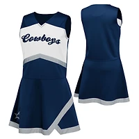 Ensemble deux pièces bleu marine Dallas Cowboys pour filles d'âge préscolaire : robe-salopette et bloomer assortis, style capitaine de cheerleading.