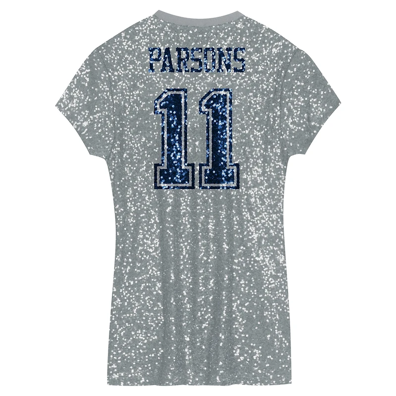 Girls Youth Micah Parsons Silver Dallas Cowboys Sequin Player Name & Number V-Neck Dress
