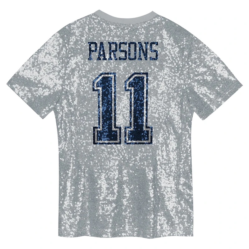 Girls Youth Micah Parsons Silver Dallas Cowboys Sequin V-Neck Fashion Jersey