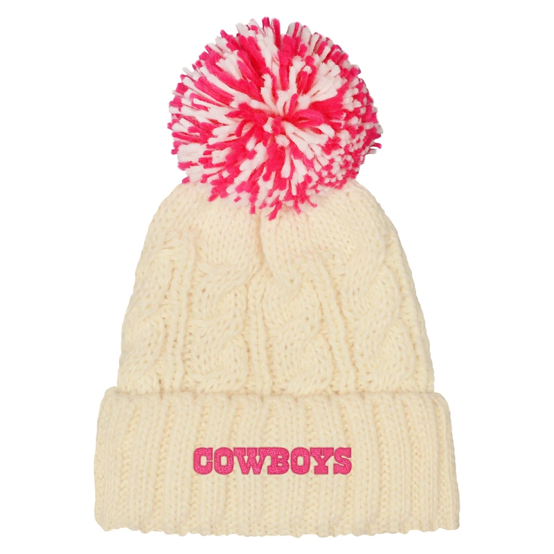 Bonnet en tricot torsadé blanc pour filles Outerstuff Cowboys de Dallas avec pompon