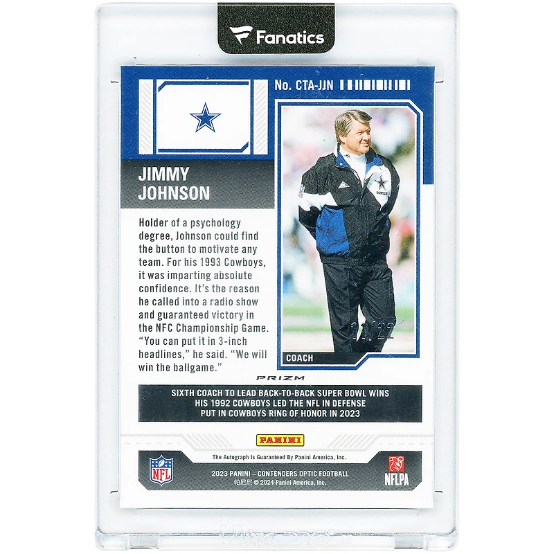 Jimmy Johnson Dallas Cowboys Autographed 2023 Panini Contenders Optic Coaches Ticket Cracked Ice #CTA-JJN #11/22 Card