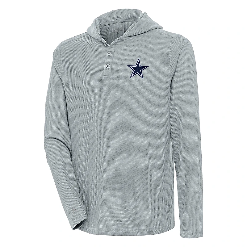 Men's Antigua Gray Dallas Cowboys Strong Hold Long Sleeve Henley Hoodie T-Shirt