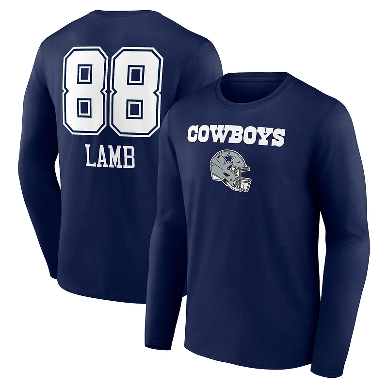 T-shirt à manches longues bleu marine CeeDee Lamb pour homme avec nom et numéro de l'équipe des Cowboys Dallas