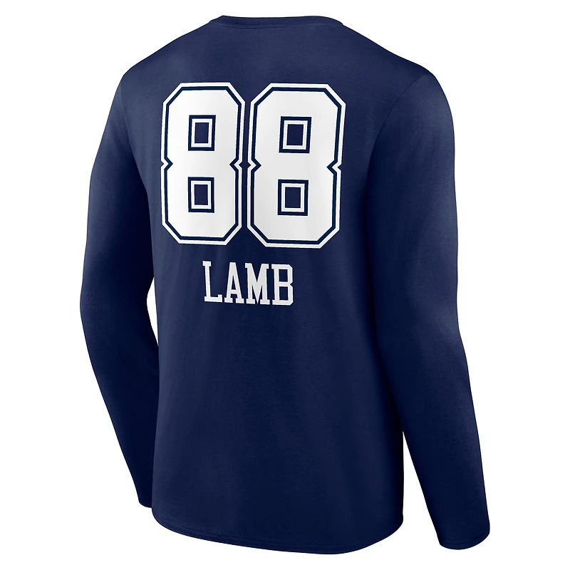 T-shirt à manches longues bleu marine CeeDee Lamb pour homme avec nom et numéro de l'équipe des Cowboys Dallas