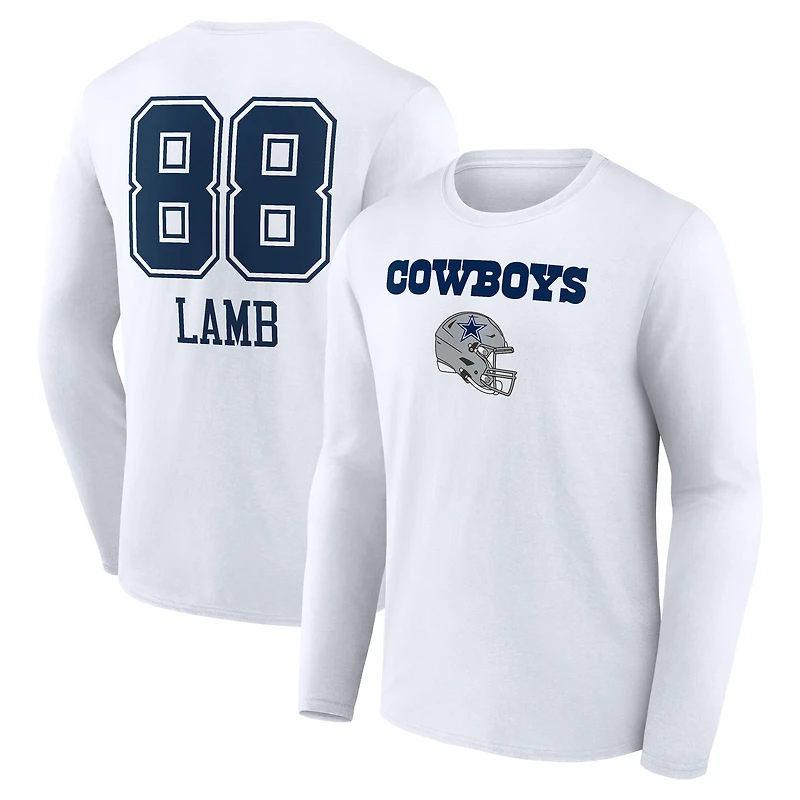 T-shirt à manches longues blanc CeeDee Lamb pour homme avec nom et numéro de l'équipe des Cowboys Dallas